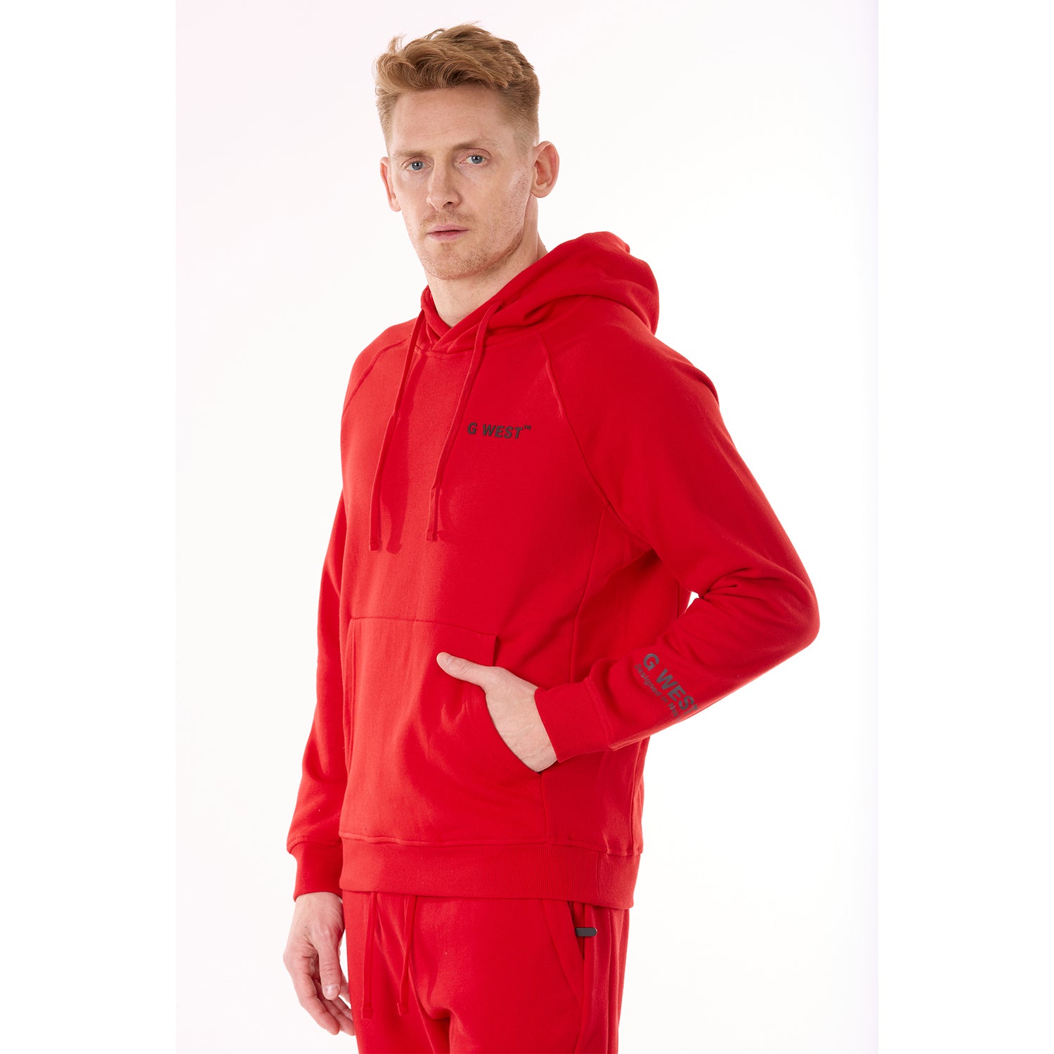 G WEST MENS FLEECE  PULLOVER HOODIE - RACING RED