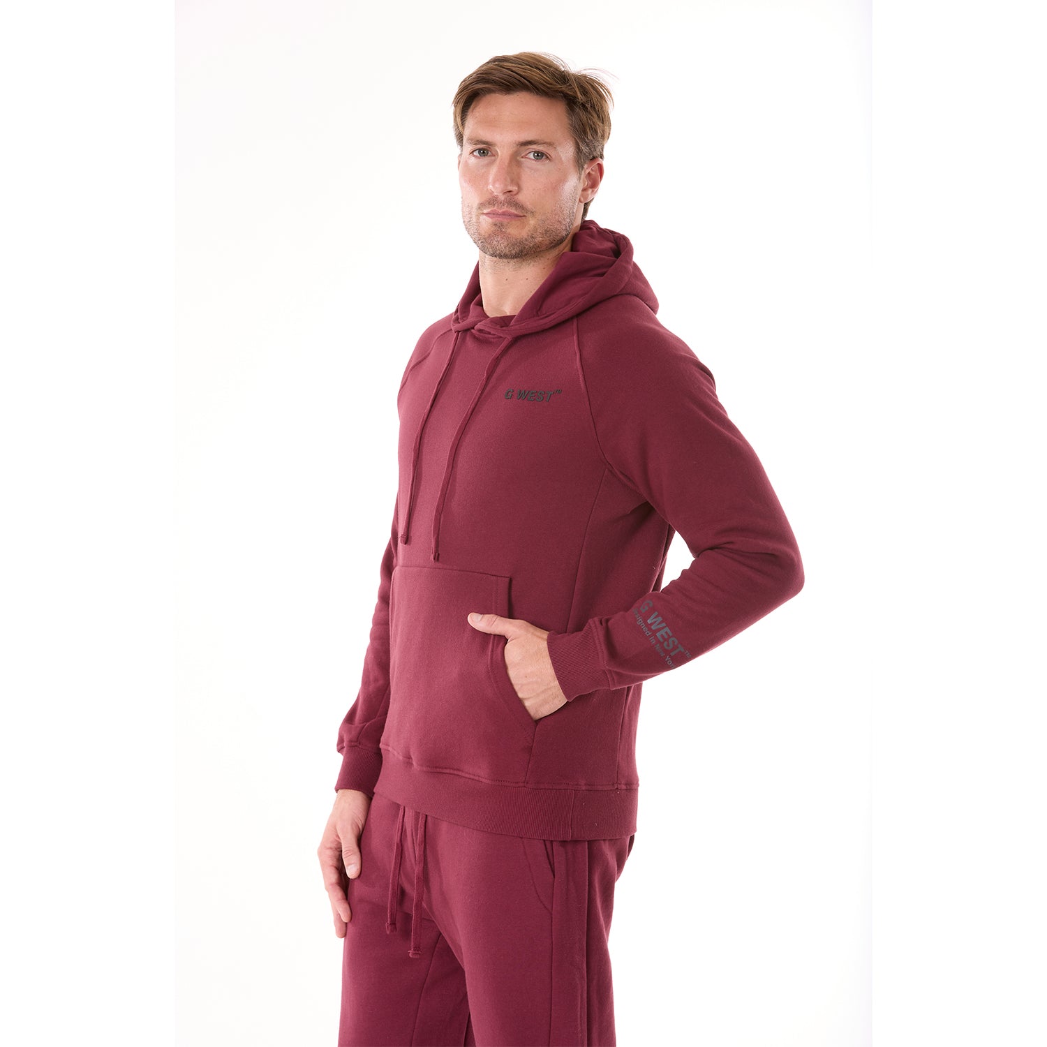 G WEST MENS FLEECE  PULLOVER  HOODIE - BURGUNDY