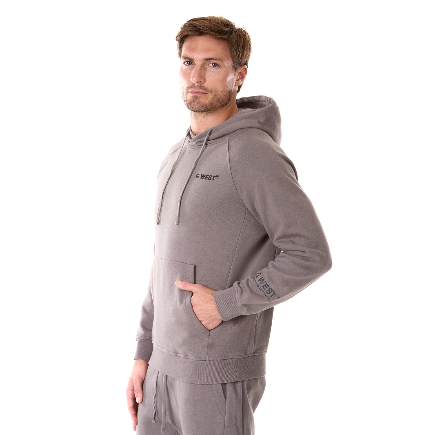 G WEST MENS FLEECE  PULLOVER HOODIE - CHARCOAL GREY