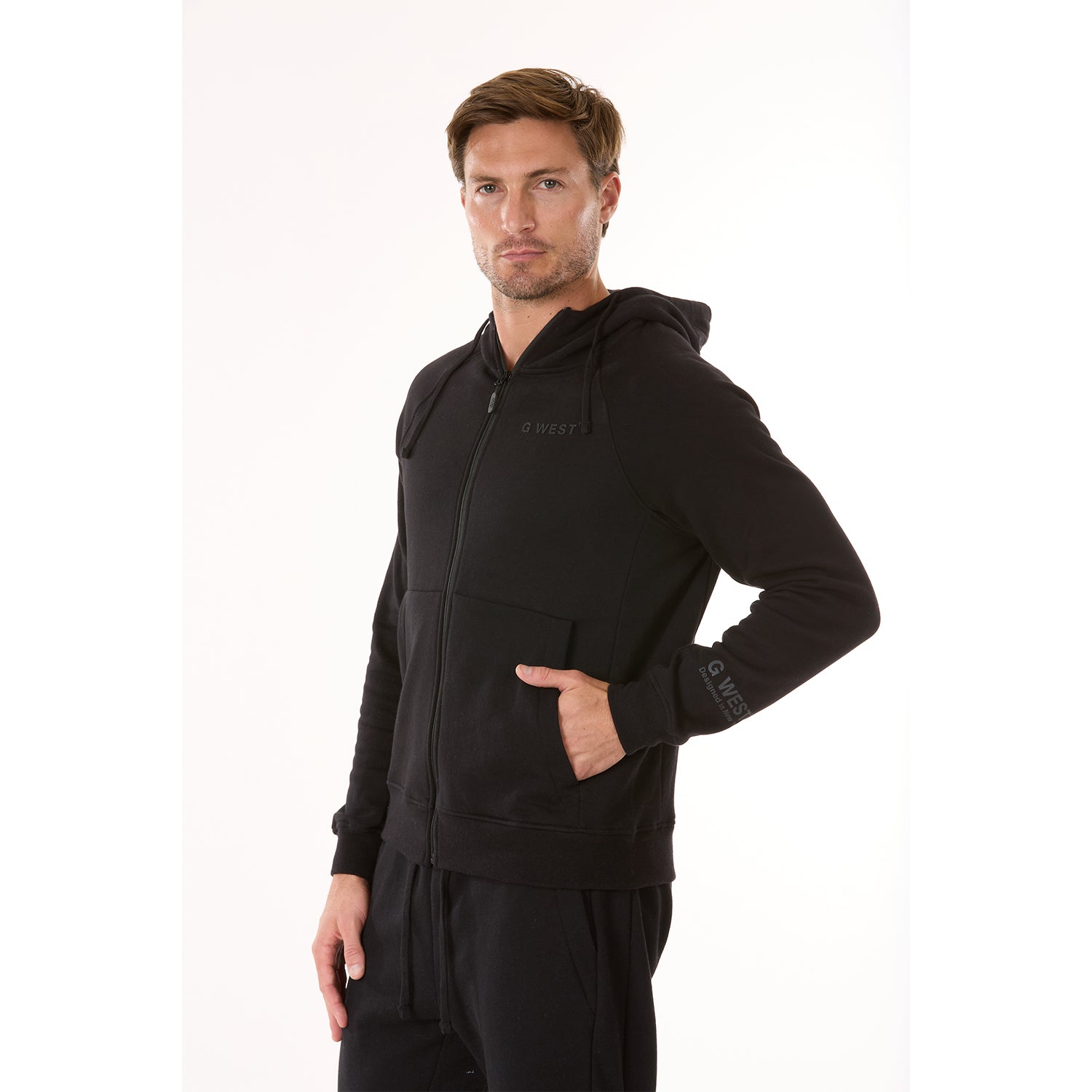 G WEST MENS FLEECE  ZIPPER HOODIE - JET BLACK