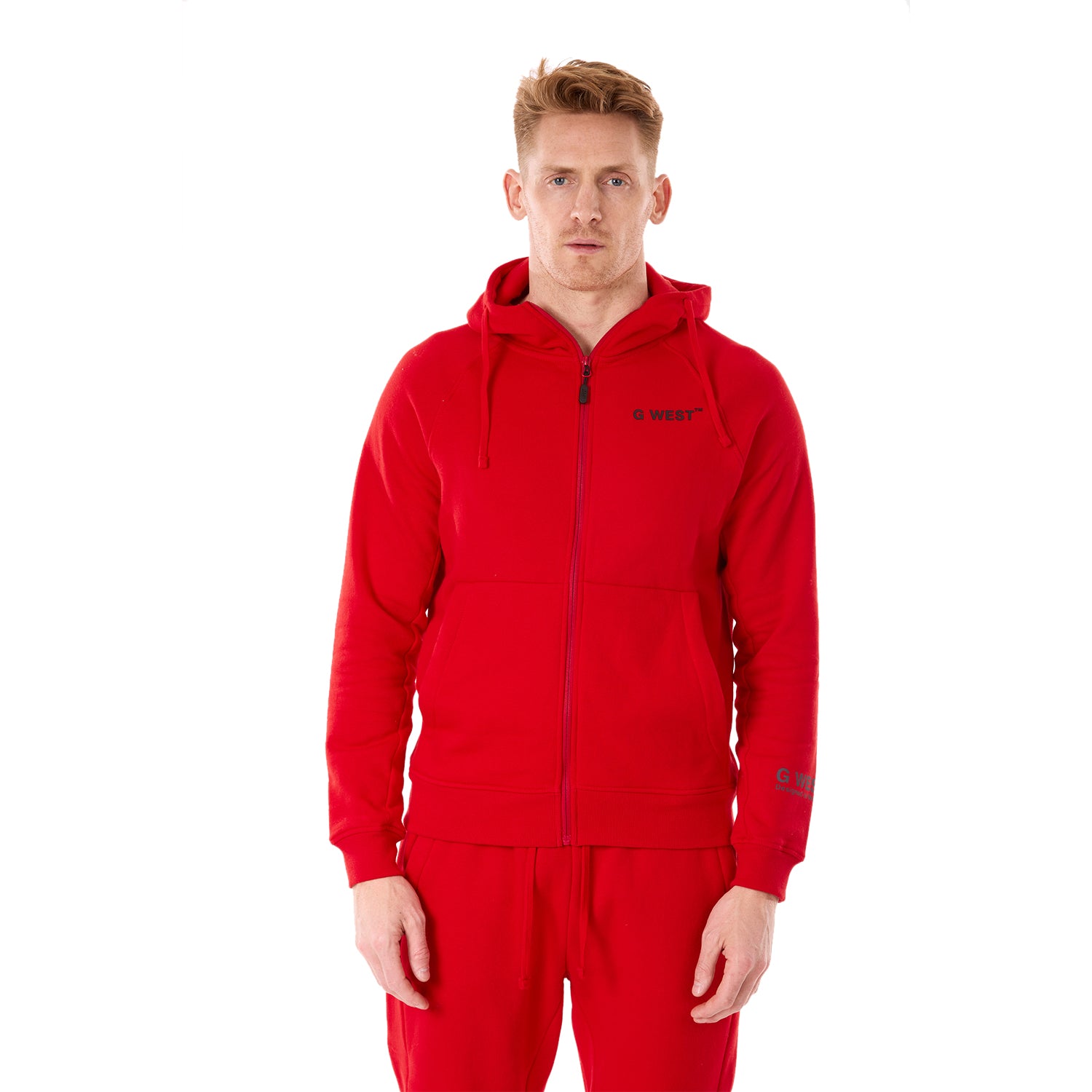 G WEST MENS FLEECE  ZIPPER HOODIE - RACING RED