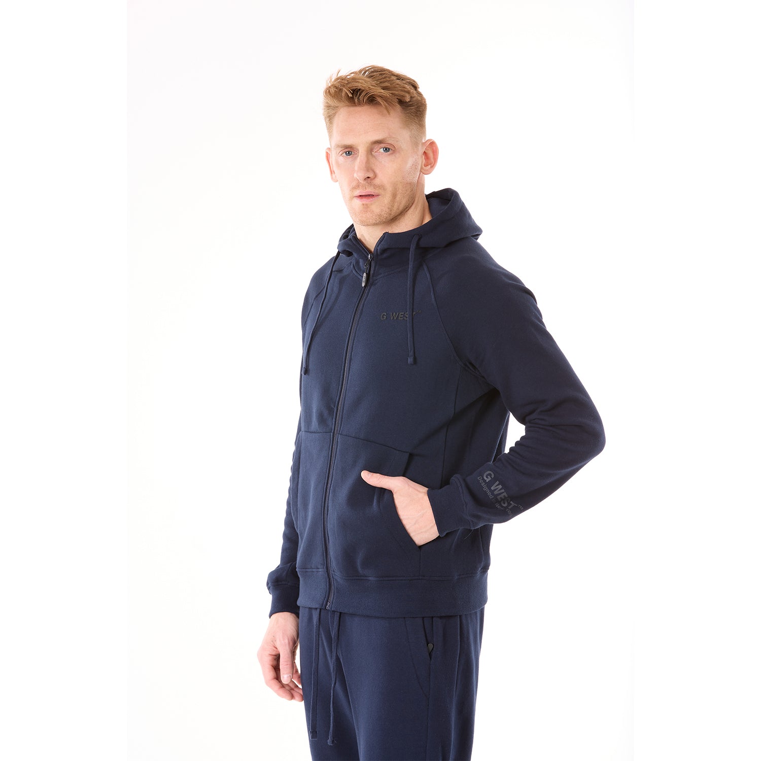 G WEST MENS FLEECE  ZIPPER HOODIE - NAVY  BLAZER