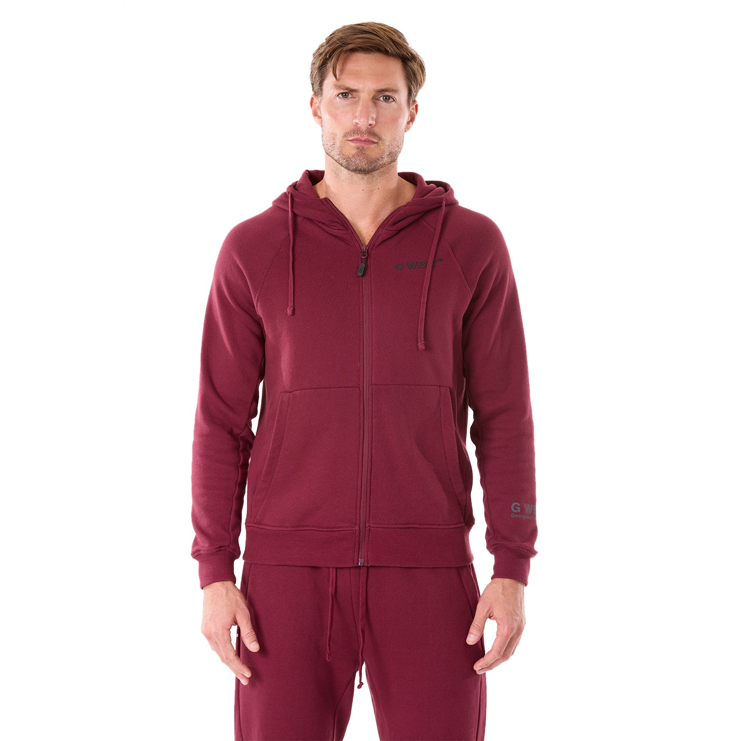 G WEST MENS FLEECE  ZIPPER HOODIE - BURGUNDY