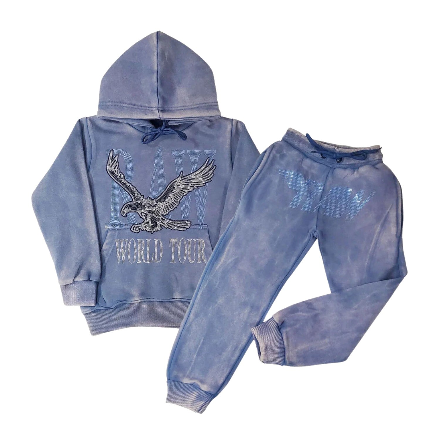 Rawyalty World Tour Blue Bling Hoodie And Raw Wing Silver Bling Jogger Set Big Kids Style : Rkjs001