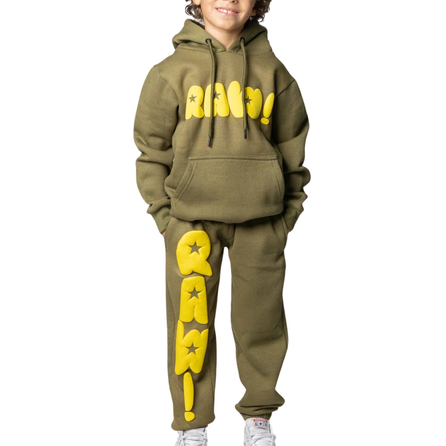 Rawyalty Star Yellow Puff Hoodie And Jogger Set Big Kids Style : Rkjs003