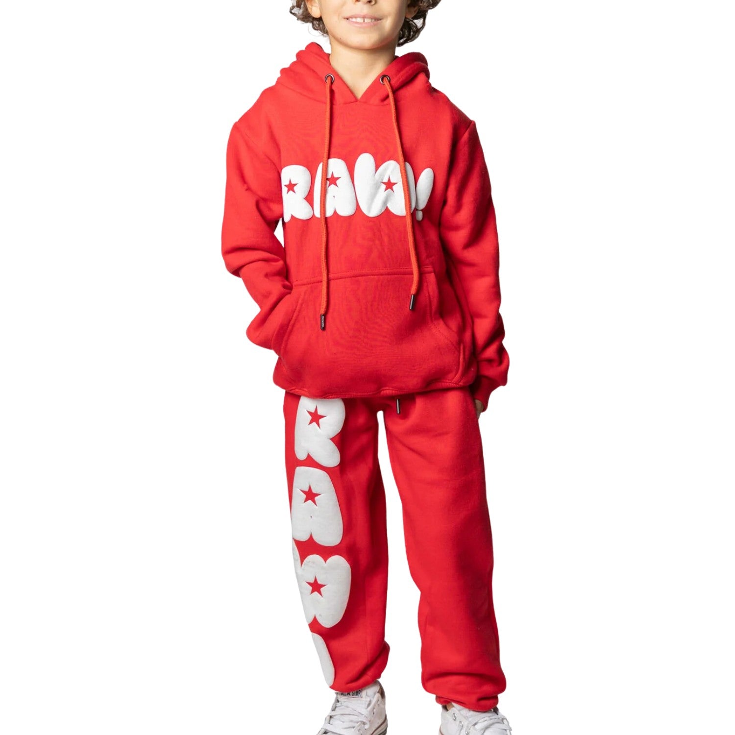 Rawyalty Star White Puff Hoodie And Jogger Set Big Kids Style : Rkjs004