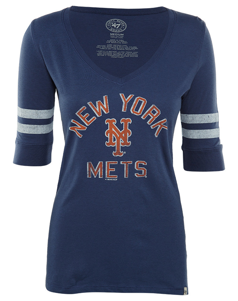 Forty Seven MLB New York Mets Vintage Graphic Flanker Stripe V-Neck Quarter Sleeve T-Shirt Womens Style : 63302